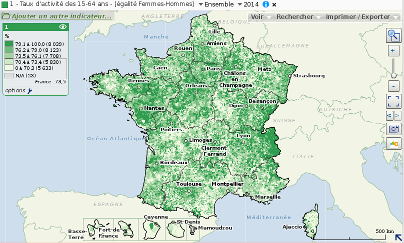 Carte du taux d'activité des 15-64 ans par commune en 2014