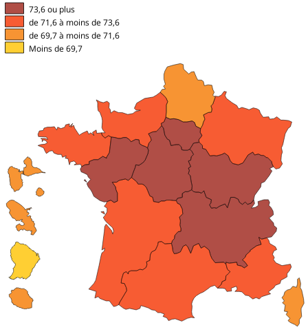 Carte du taux d'activité des 15-64 ans par région en 2014